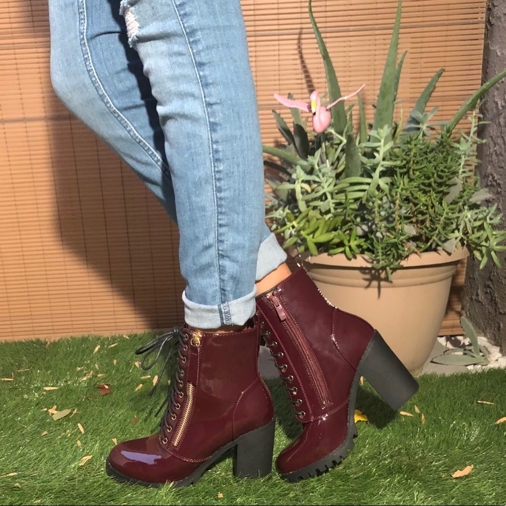 Lug sole patent military ankle boots